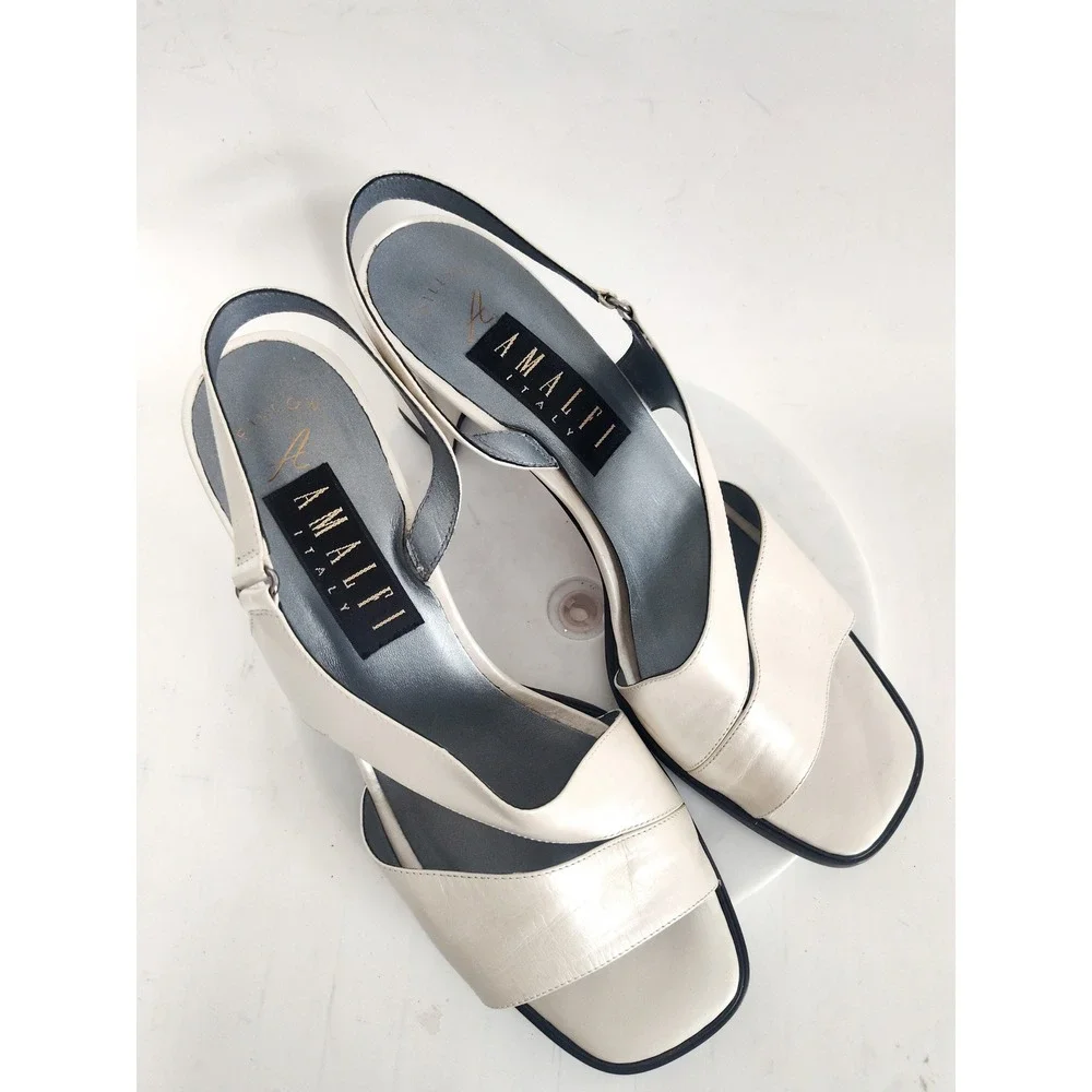 Amalfi Sandals 10 90s Slingback‎ Cream Leather Square Toe Block Heel Italy Vtg